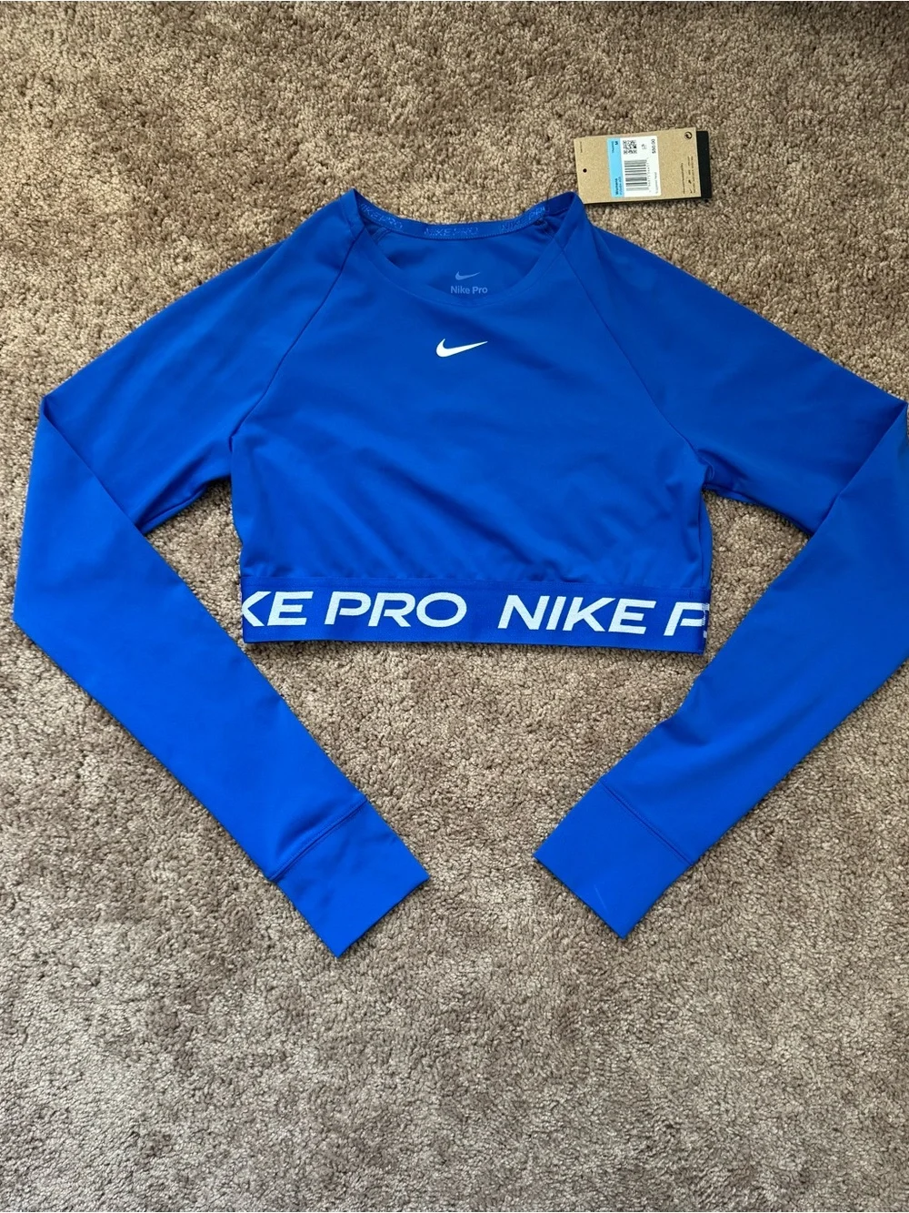 Nike Pro Dri-FIT Women's Cropped Long Sleeve Crew Neck Stretch Top Blue M Gym